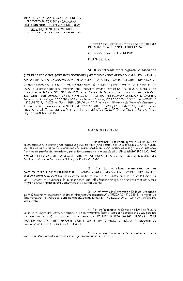 Res. Ex. N° 126-2020 (DZP Ñuble y del Biobío) Modifica Res Ex N° 0063-2020, (DZP VIII), Autoriza cesión Sardina Común y Anchoveta Región de Ñuble-Biobío (Publicado en Página Web 01-12-2020)