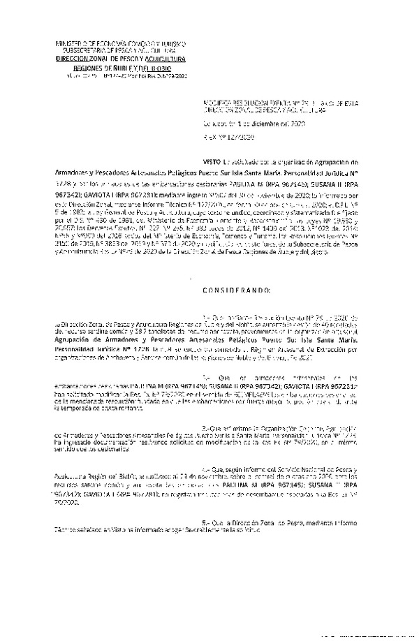 Res. Ex. N° 127-2020 (DZP Ñuble y del Biobío) Modifica Res Ex N° 0079-2020, (DZP VIII), Autoriza cesión Sardina Común y Anchoveta Región de Ñuble-Biobío (Publicado en Página Web 01-12-2020)