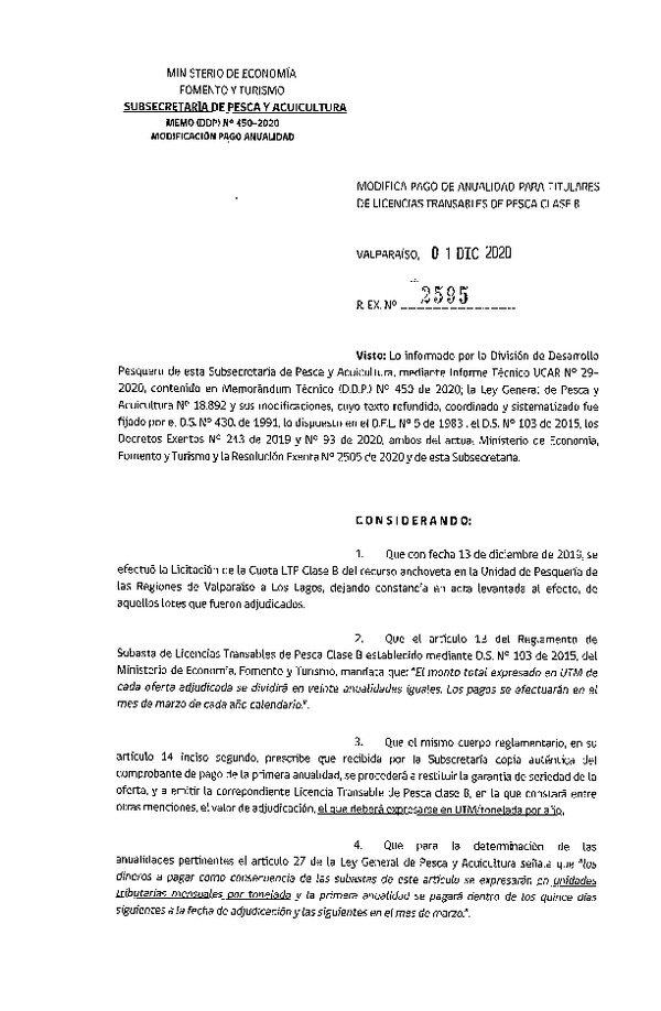 Res. Ex. N° 2595-2020 Modifica pago de anualidad para titulares de LTP Clase B. (Publicado en Página Web 02-12-2020)