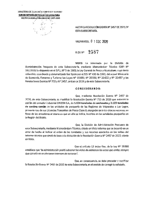Res. Ex. N° 2587-2020 Rectifica 2457-2020 que Modificó Res. Ex N° 733-2020, Autoriza Cesión anchoveta y sardina común Regiones Valparaíso-Los Lagos (Publicado en Página Web 02-12-2020).