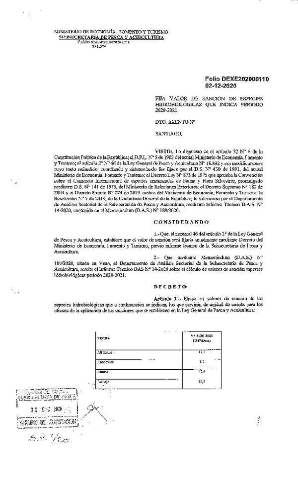 Dec. Ex. Folio 202000110 Fija Valor de Sanción de Especies hidrobiológicas que indica, Período 2020-2021. (Publicado en Página Web 03-12-2020)