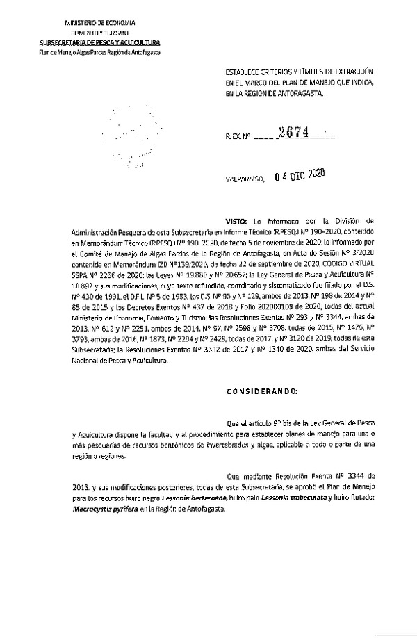 Res. Ex. Nº 2674-2020 Establece Criterios y Límites de Extracción en el Marco del Plan de Manejo de Algas Pardas, Región de Antofagasta. (Publicado en Página Web 04-12-2020)