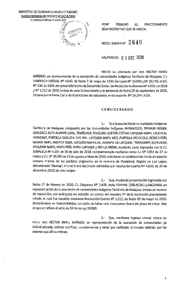 Res. Ex. N° 2640-2020 Pone término al procedimiento administrativo que se indica. (Publicado en Página Web 04-12-2020)