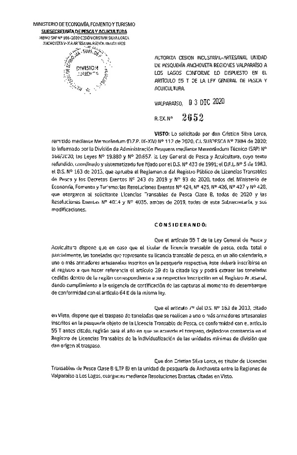 Res. Ex. N° 2652-2020 Autoriza Cesión anchoveta Regiones Valparaíso-Los Lagos (Publicado en Página Web 04-12-2020).