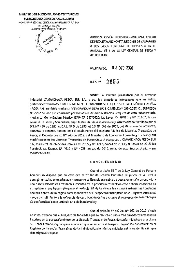 Res. Ex. N° 2655-2020 Autoriza Cesión anchoveta Regiones Valparaíso-Los Lagos (Publicado en Página Web 04-12-2020).