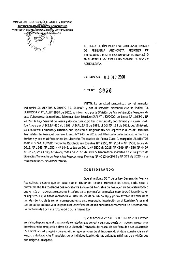 Res. Ex. N° 2656-2020 Autoriza Cesión anchoveta Regiones Valparaíso-Los Lagos (Publicado en Página Web 04-12-2020).