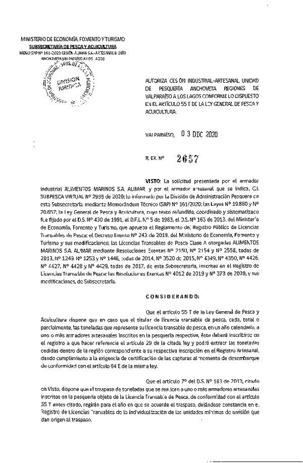 Res. Ex. N° 2657-2020 Autoriza Cesión anchoveta Regiones Valparaíso-Los Lagos (Publicado en Página Web 04-12-2020).