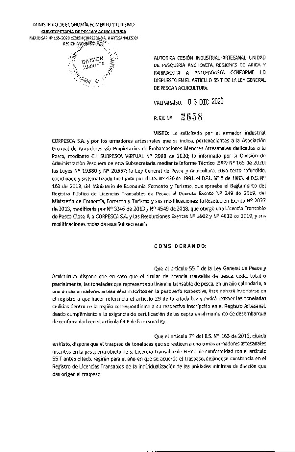 Res. Ex. N° 2658-2020 Autoriza cesión pesquería Anchoveta, Regiones de Arica y Parinacota a Antofagasta. (Publicado en Página Web 04-12-2020)
