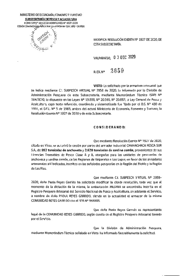 Res. Ex. N° 2659-2020 Modifica Res. Ex. N° 1927-2020 Autoriza Cesión anchoveta y sardina común Regiones Valparaíso-Los Lagos (Publicado en Página Web 04-12-2020).