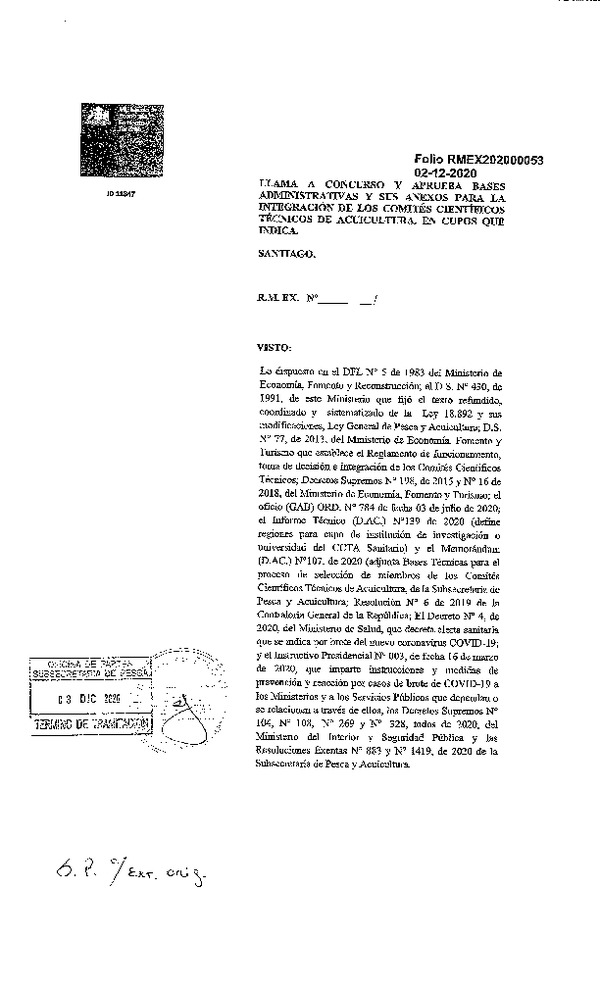 R:M: EX. N° Folio 202000053 Llama a Concurso y Aprueba Bases Administrativas y sus Anexos para la Integración de los Comités Científicos Técnicos de Acuicultura, en Cupos que Indica. (Publicado en Página Web 07-12-2020)