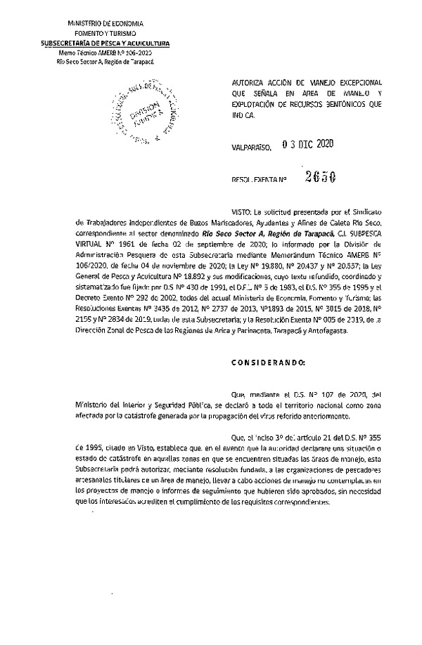 Res. Ex. N° 2650-2020 Autoriza acción de manejo excepcional que señala. (Publicado en Página Web 07-12-2020)