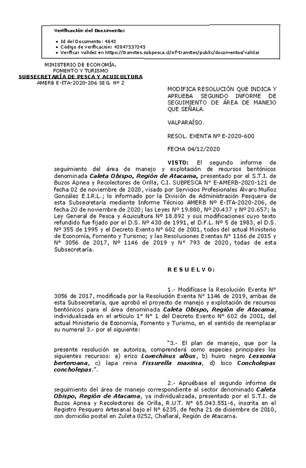 R. EX. Nº E-2020-600 Modifica resolución que indica. Autoriza 2° Seguimiento. (Publicado en Página Web 07-12-2020)