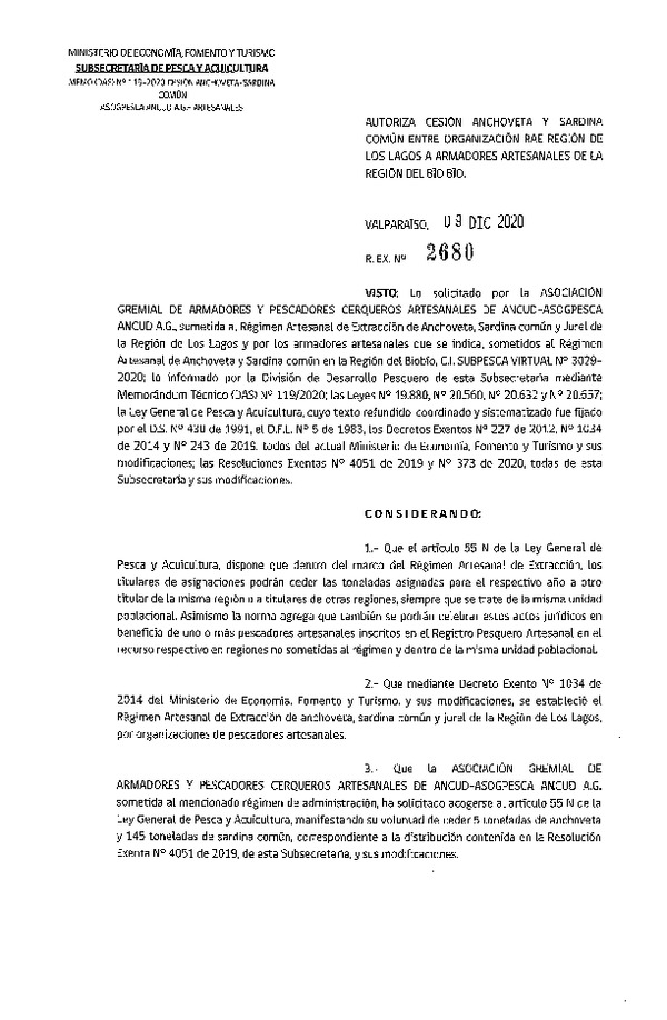 Res. Ex. N° 2680-2020 Autoriza cesión Jurel de Región de Los lagos a Región del Biobío. (Publicado en Página Web 10-12-2020)