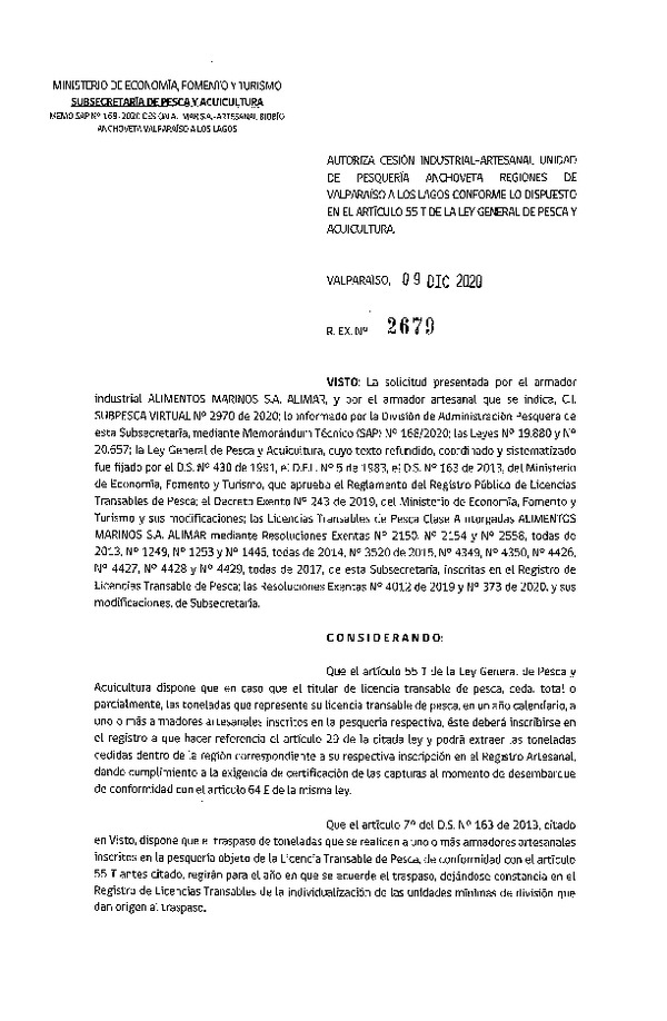 Res. Ex. N° 2679-2020 Autoriza Cesión anchoveta Regiones Valparaíso-Los Lagos (Publicado en Página Web 10-12-2020)