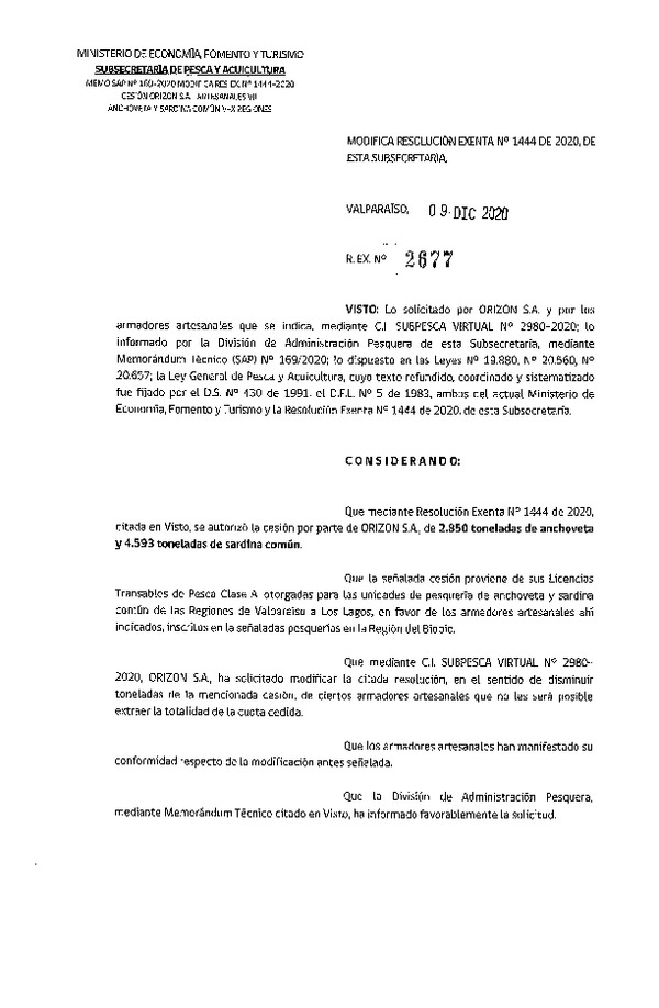 Res. Ex. N° 2677-2020 Modifica Res. Ex. N° 1444-2020 Autoriza Cesión anchoveta y sardina común Regiones Valparaíso-Los Lagos (Publicado en Página Web 10-12-2020).