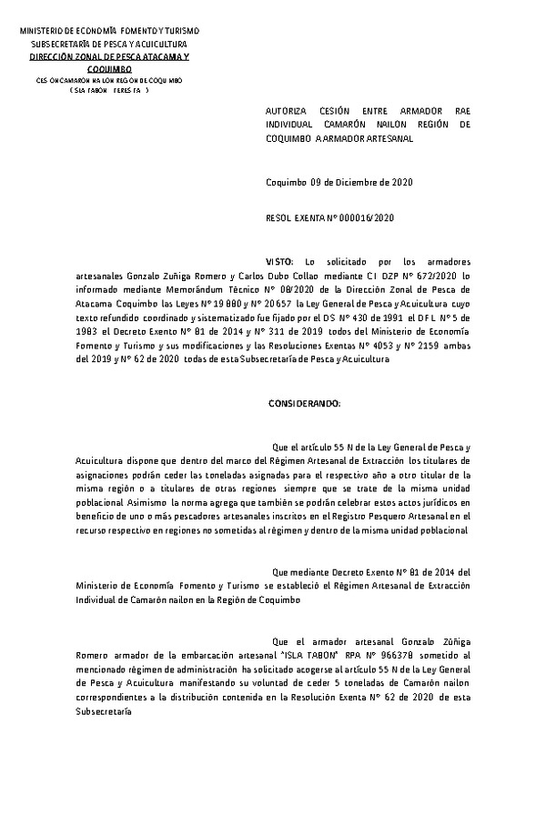 Res. Ex. N° 016-2020 (DZP Atacama y Coquimbo) Autoriza cesión Camarón nailon, Región de Coquimbo. (Publicado en Página Web 10-12-2020)