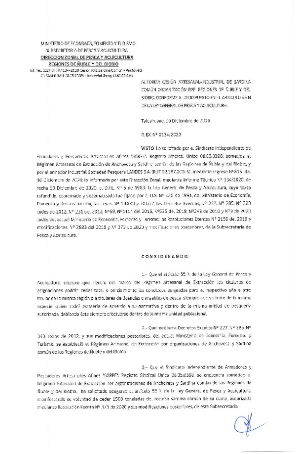 Res. Ex. N° 134-2020 (DZP Ñuble y del Biobío) Autoriza cesión Sardina Común Región de Ñuble-Biobío (Publicado en Página Web 10-12-2020)
