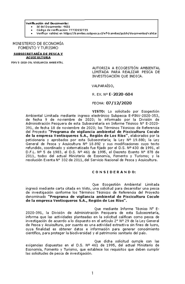 R. EX. Nº E-2020-604 Programa de vigilancia ambiental de Piscicultura Cocule de la empresa Ventisqueros S.A., Región de Los Ríos. (Publicado en Página Web 10-12-2020)