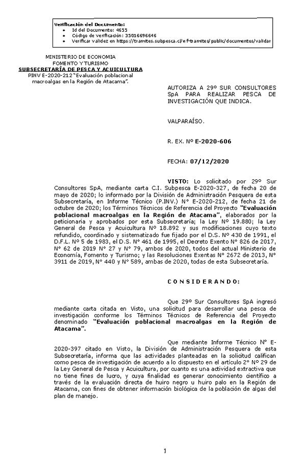 R. EX. Nº E-2020-606 Evaluación poblacional macroalgas en la Región de Atacama. (Publicado en Página Web 10-12-2020)