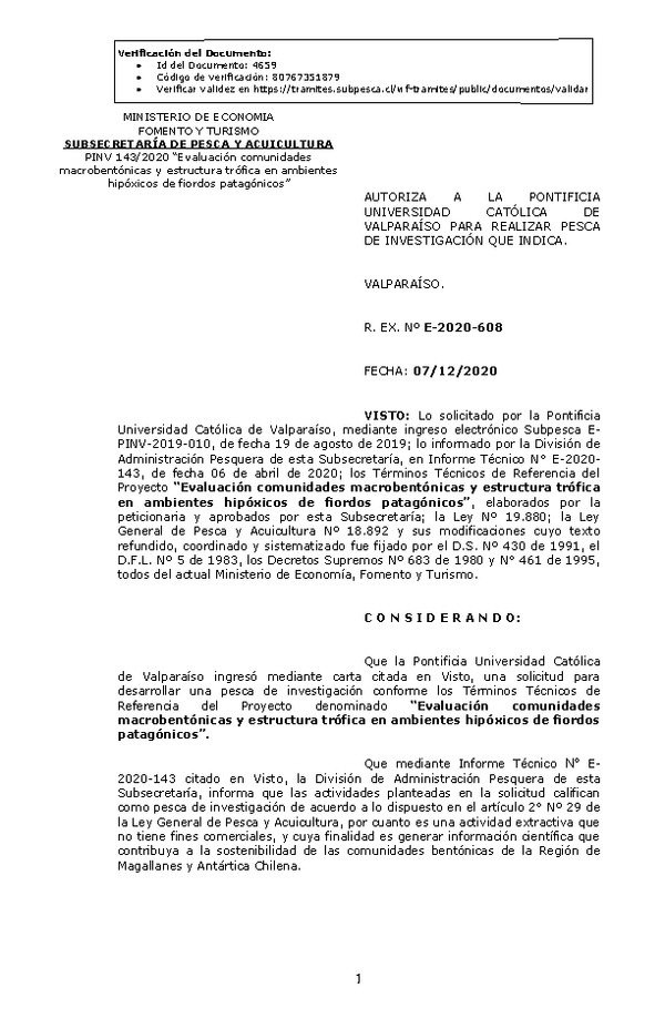 R. EX. Nº E-2020-608 Evaluación comunidades macrobentónicas y estructura trófica en ambientes hipóxicos de fiordos patagónicos. (Publicado en Página Web 10-12-2020)