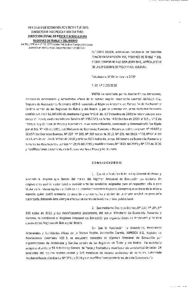 Res. Ex. N° 135-2020 (DZP Ñuble y del Biobío) Autoriza cesión Sardina Común Región de Ñuble-Biobío (Publicado en Página Web 10-12-2020)