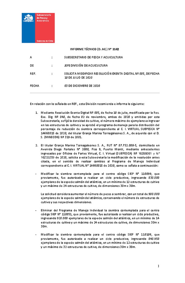 INFORME TÉCNICO (D. AC.) N° 1142 SOLICITA MODIFICAR RESOLUCIÓN EXENTA DIGITAL Nº 005, DE FECHA 10 DE JULIO DE 2020.