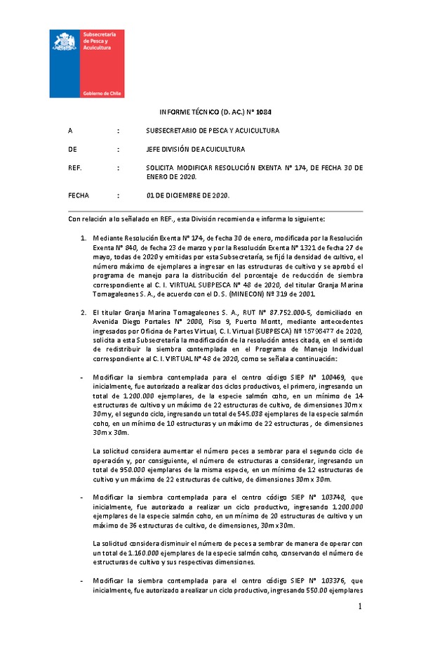 INFORME TÉCNICO (D. AC.) N° 1084 SOLICITA MODIFICAR RESOLUCIÓN EXENTA N° 174, DE FECHA 30 DE ENERO DE 2020.