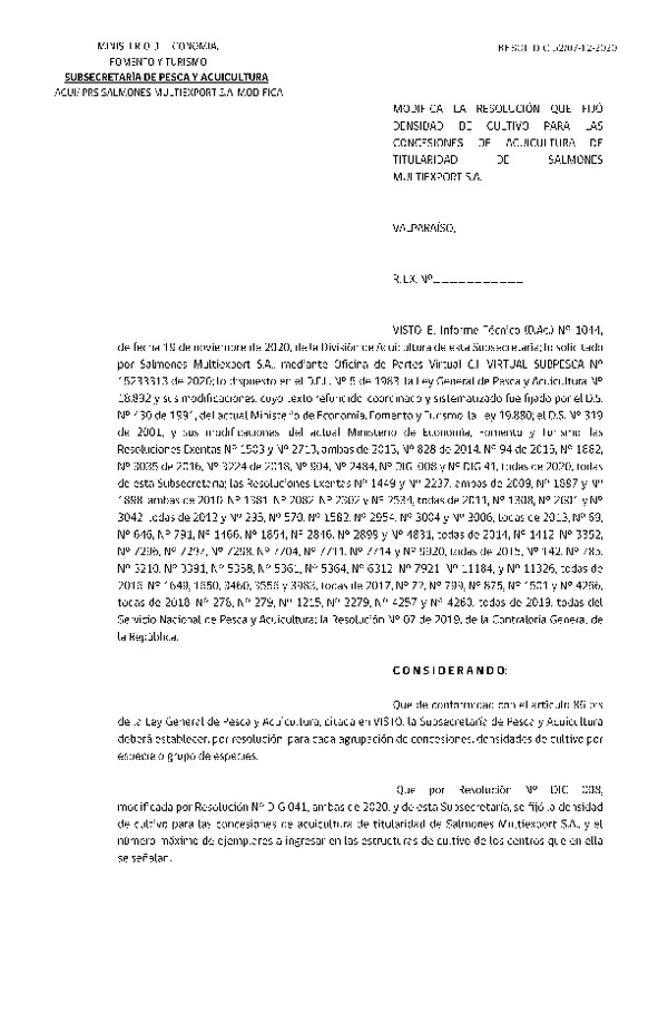 Res, Ex. N° 052-2020 Modifica Res. Ex. N° 008-2020 Fija densidad de cultivo para concesiones de acuicultura de titularidad de Salmones Multiexport S.A. (Publicado en Página Web 10-12-2020)