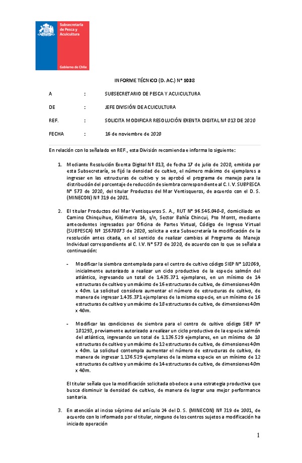 INFORME TÉCNICO (D. AC.) N° 1038 SOLICITA MODIFICAR RESOLUCIÓN EXENTA DIGITAL Nº 013 DE 2020.