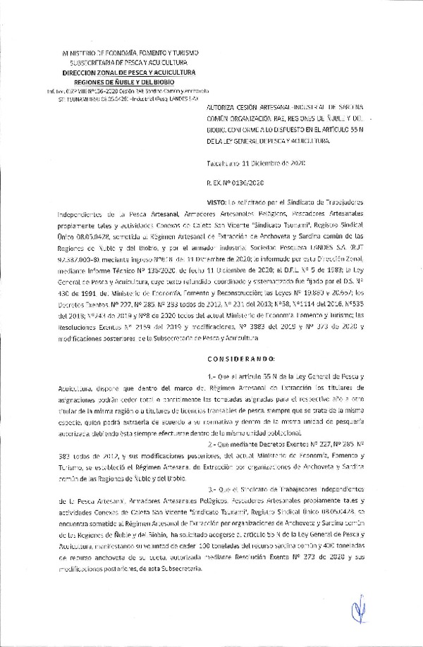 Res. Ex. N° 136-2020 (DZP Ñuble y del Biobío) Autoriza cesión Sardina Común Región de Ñuble-Biobío (Publicado en Página Web 11-12-2020)