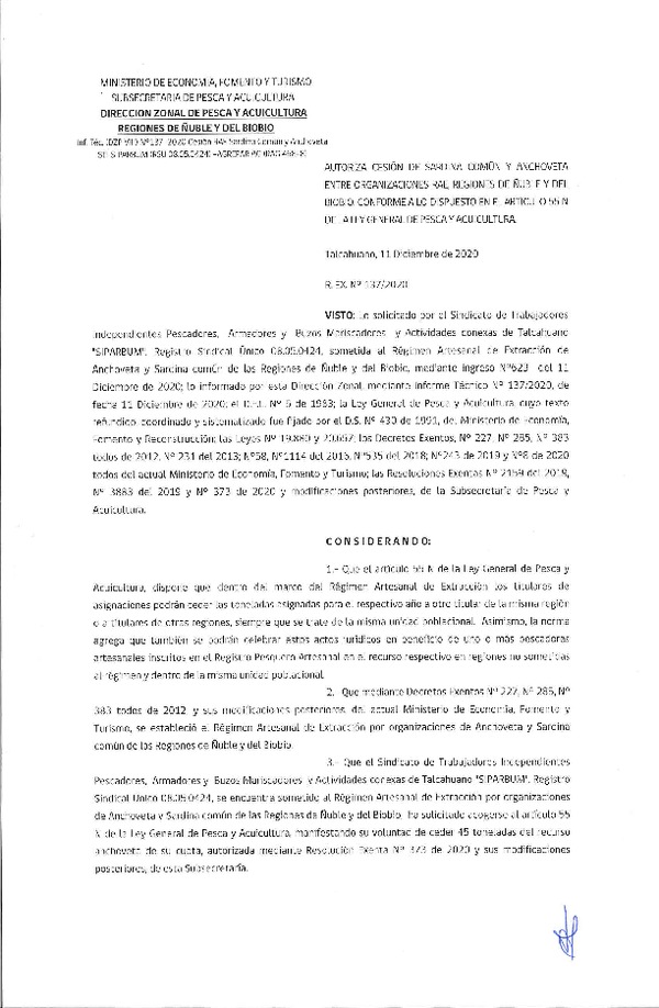 Res. Ex. N° 137-2020 (DZP Ñuble y del Biobío) Autoriza cesión Sardina Común y Anchoveta Región de Ñuble-Biobío (Publicado en Página Web 11-12-2020)
