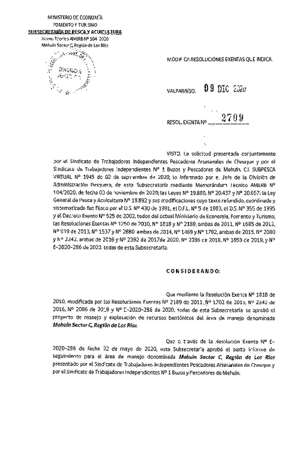 Res. Ex. N° 2709-2020 Modifica Res. Ex. N° 1818-2010. (Publicado en Página Web 11-12-2020)