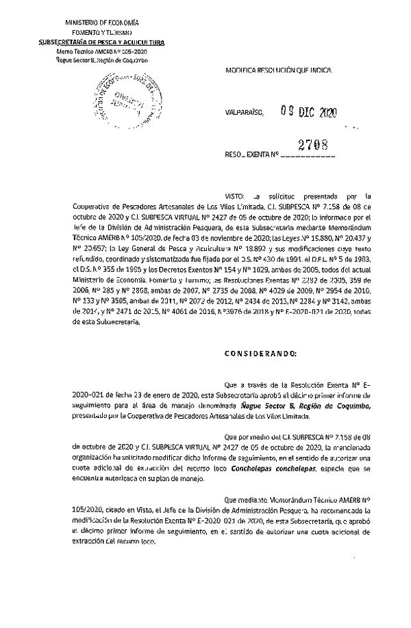 Res. Ex. N° 2708-2020 Modifica RESOL. EXENTA Nº E-2020-021 11° Seguimiento. (Publicado en Página Web 11-12-2020)