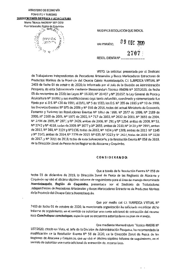 Res. Ex. N° 2707-2020 Modifica Res. Ex. N° 58-2019 (DZP Región de Atacama y Coquimbo) 17° Seguimiento. (Publicado en Página Web 11-12-2020)