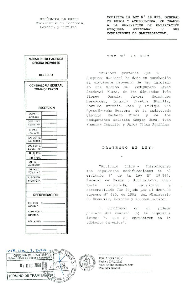 Ley N° 21.287 Modifica la Ley Nº 18.892, General de Pesca y Acuicultura, en cuanto a la definición de embarcación pesquera artesanal y sus condiciones de habitabilidad. (Pubicado en Página Web 12-12-2020) (F.D.O. 12-12-2020)