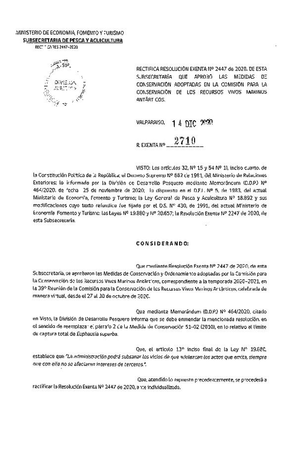 Res. Ex. N° 2710-2020 Rectifica Res. Ex. N° 2447-2020 Aprueba las Medidas de Conservación Adoptadas en la Comisión Para la Conservación de los Recursos Vivos Marinos Antárticos. (Publicado en Página Web 15-12-2020)