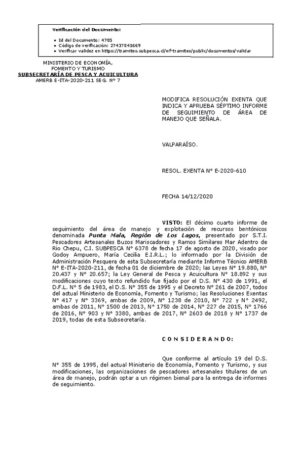 RESOL. EXENTA N° E-2020-610 Modifica Resolución Exenta N° 1238 de 2010. (Publicado en Página Web 15-12-2020)