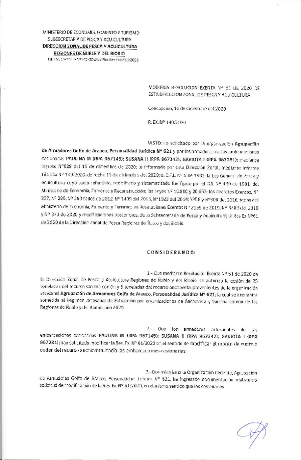 Res. Ex. N° 140-2020 (DZP Ñuble-Biobío) Modifica Res Ex N° 0061-2020, que Autorizó cesión Sardina Común y Anchoveta Región de Ñuble-Biobío (Publicado en Página Web 17-12-2020)