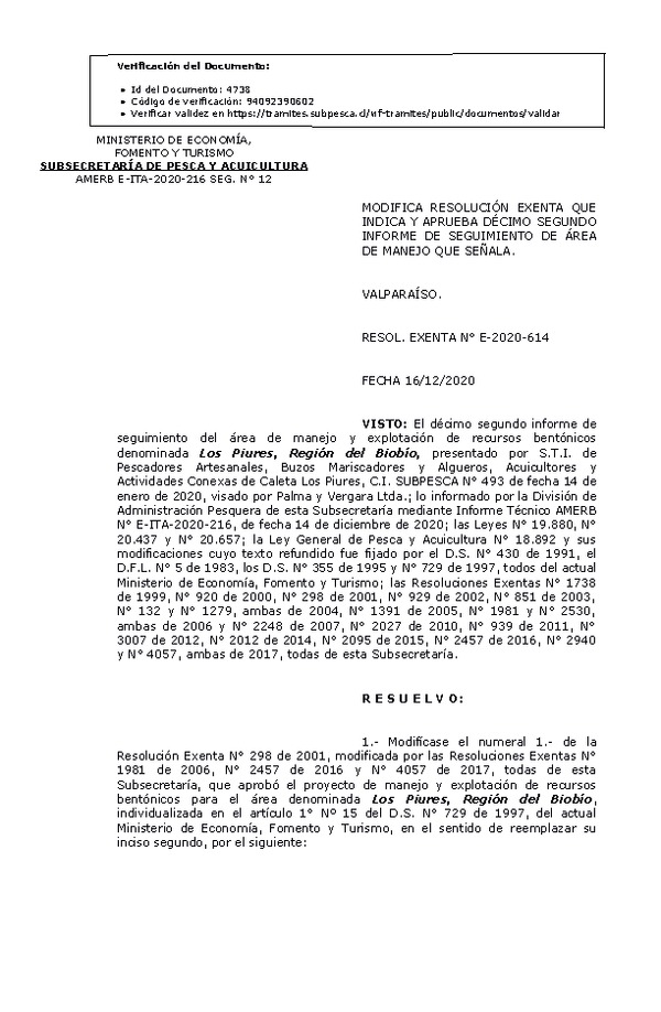 RESOL. EXENTA N° E-2020-614 Modifica Res Ex. N° 298-2001(Publicado en Página Web 17-12-2020)