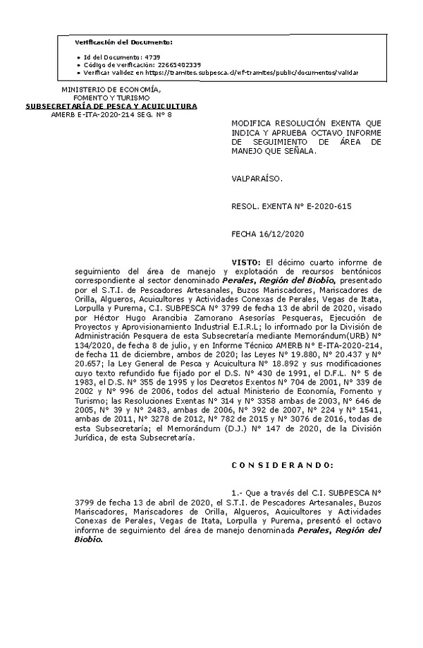 RESOL. EXENTA N° E-2020-615 Modifica Res Ex. N° 3358-2003 Aprueba 8° Seguimiento. (Publicado en Página Web 17-12-2020)