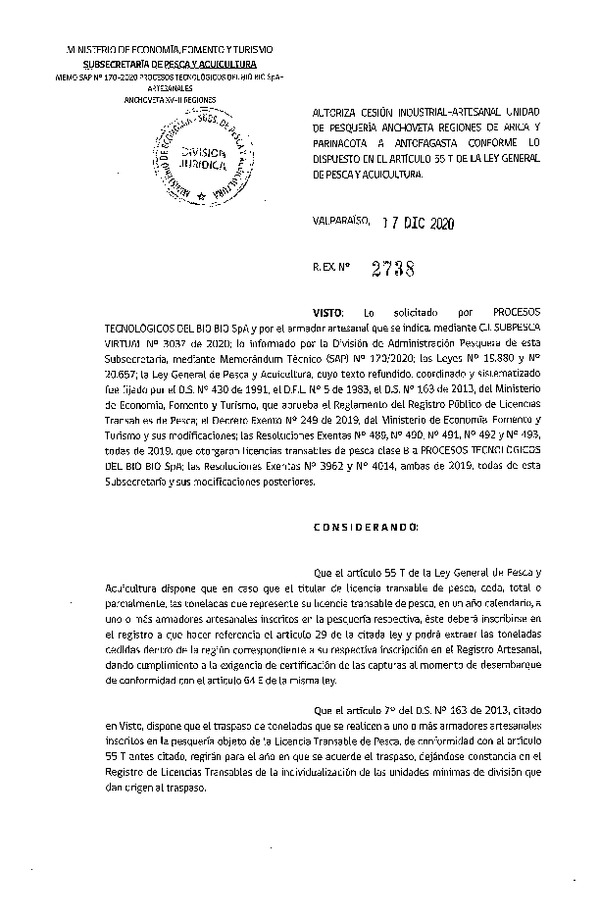 Res. Ex. N° 2738-2020 Autoriza cesión pesquería Anchoveta, Regiones de Arica y Parinacota a Antofagasta. (Publicado en Página Web 17-12-2020)