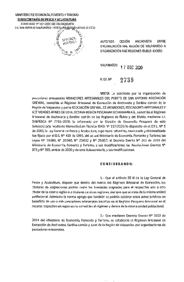 Res. Ex. N° 2739-2020 Autoriza Cesión anchoveta Regiones de Valparaíso a Ñuble-Biobío. (Publicado en Página Web 17-12-2020).