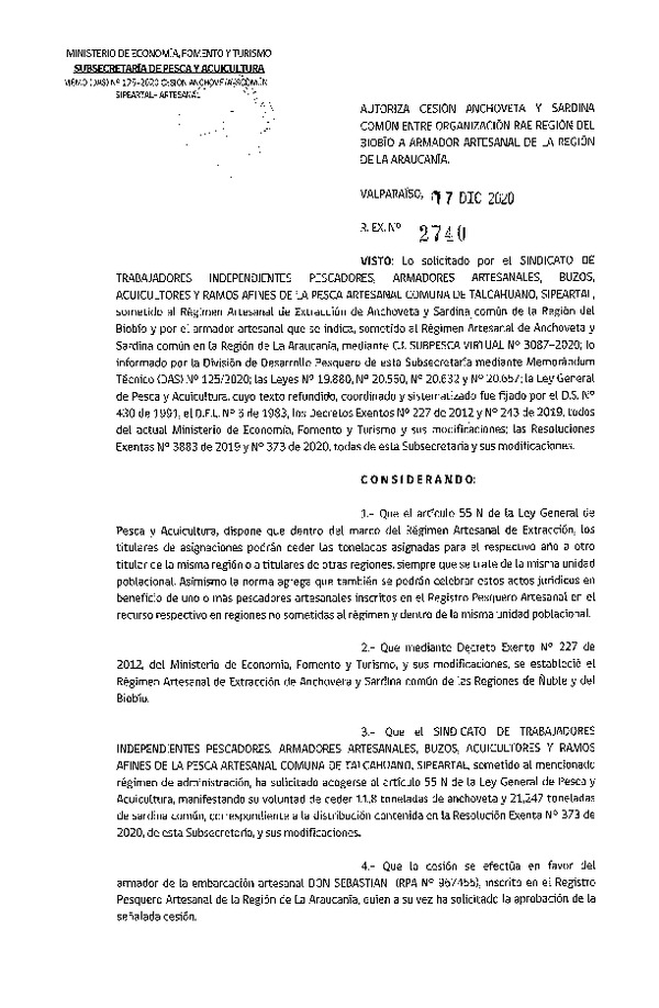 Res. Ex. N° 2740-2020 Autoriza cesión de Anchoveta y Sardina común Región del Biobío a Región de La Araucanía. (Publicado en Página Web 17-12-2020)