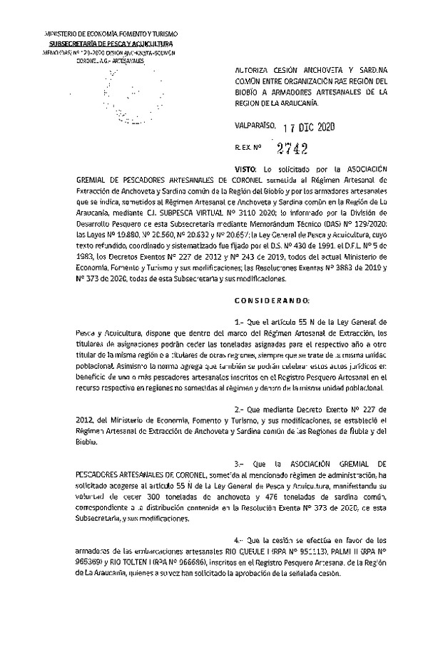 Res. Ex. N° 2742-2020 Autoriza cesión de Anchoveta y Sardina común Región del Biobío a Región de La Araucanía. (Publicado en Página Web 17-12-2020)