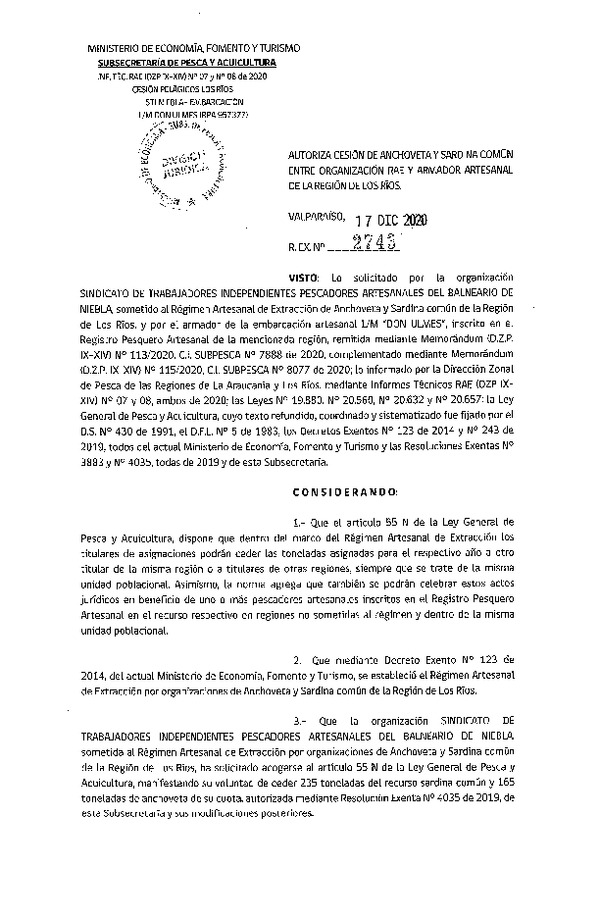 Res. Ex. N° 2743-2020 Autoriza Cesión anchoveta y sardina común Región del Los Ríos. (Publicado en Página Web 17-12-2020).