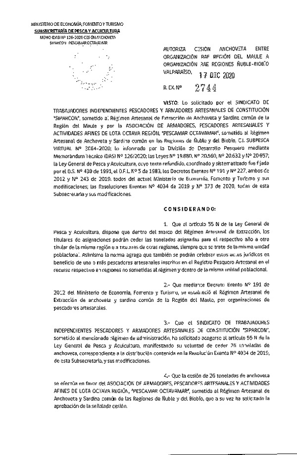 Res. Ex. N° 2744-2020 Autoriza cesión Anchoveta Región del Maule a Región del Biobío. (Publicado en Página Web 17-12-2020)