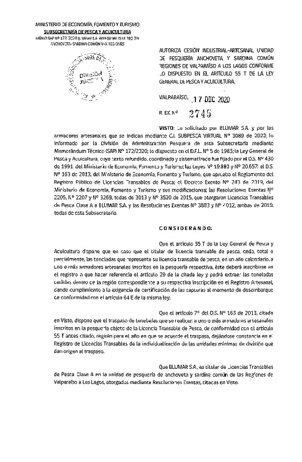 Res. Ex. N° 2745-2020 Autoriza Cesión anchoveta y sardina común Regiones Valparaíso-Los Lagos (Publicado en Página Web 17-12-2020).