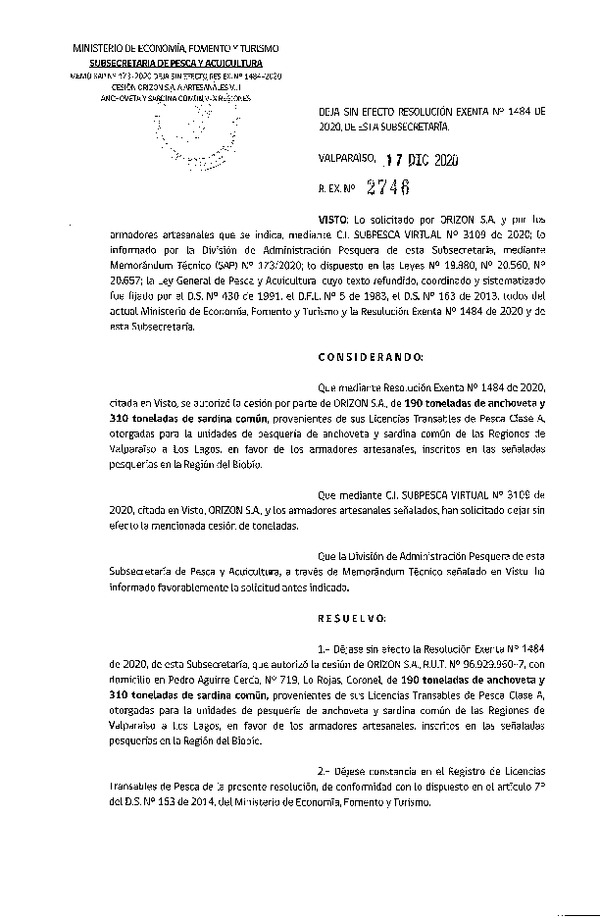 Res. Ex. N° 2746-2020 deja sin efecto Res. Ex. N° 1484-2020 Autoriza Cesión anchoveta y sardina común Regiones Valparaíso-Los Lagos (Publicado en Página Web 17-12-2020).