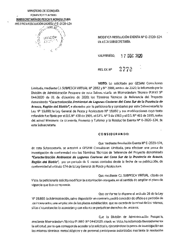 Res. Ex. N° 2770-2020 Modifica R. EX. Nº E-2020-124 Caracterización Ambiental de Lagunas Costeras del Cono Sur de la Provincia de Arauco, Región del Biobío. (Publicado en Página Web 17-12-2020).