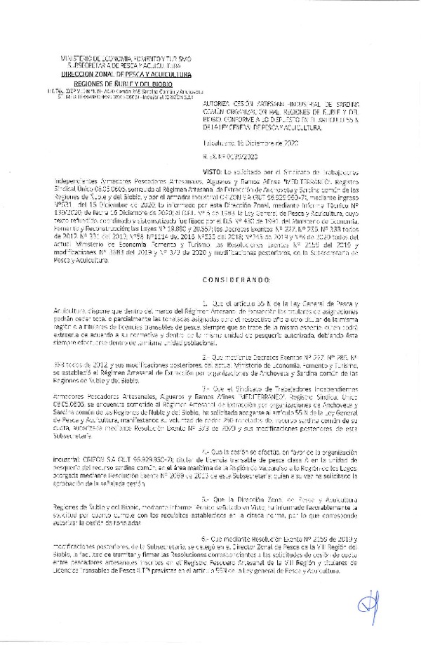 Res. Ex. N° 139-2020 (DZP Ñuble y del Biobío) Autoriza cesión Sardina Común y Anchoveta Región de Ñuble-Biobío (Publicado en Página Web 17-12-2020)